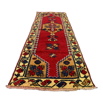 Vintage turkish runner 210x75 cm kazak rug, terracotta red, green, beige blue