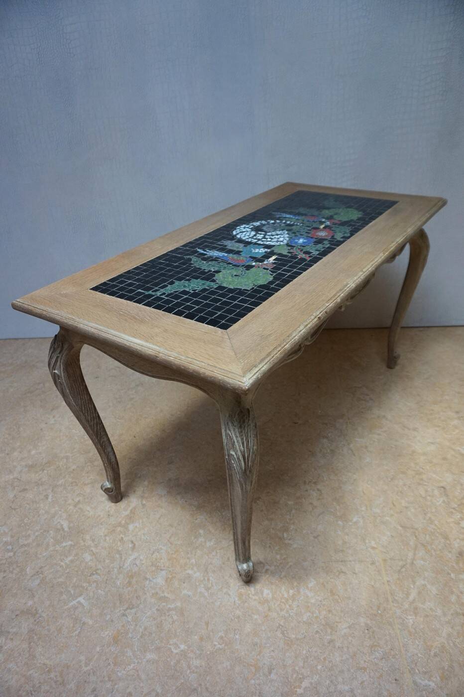 Vintage Oak &  Mosaic Coffee Table with Brids, Louis XV style 1970s