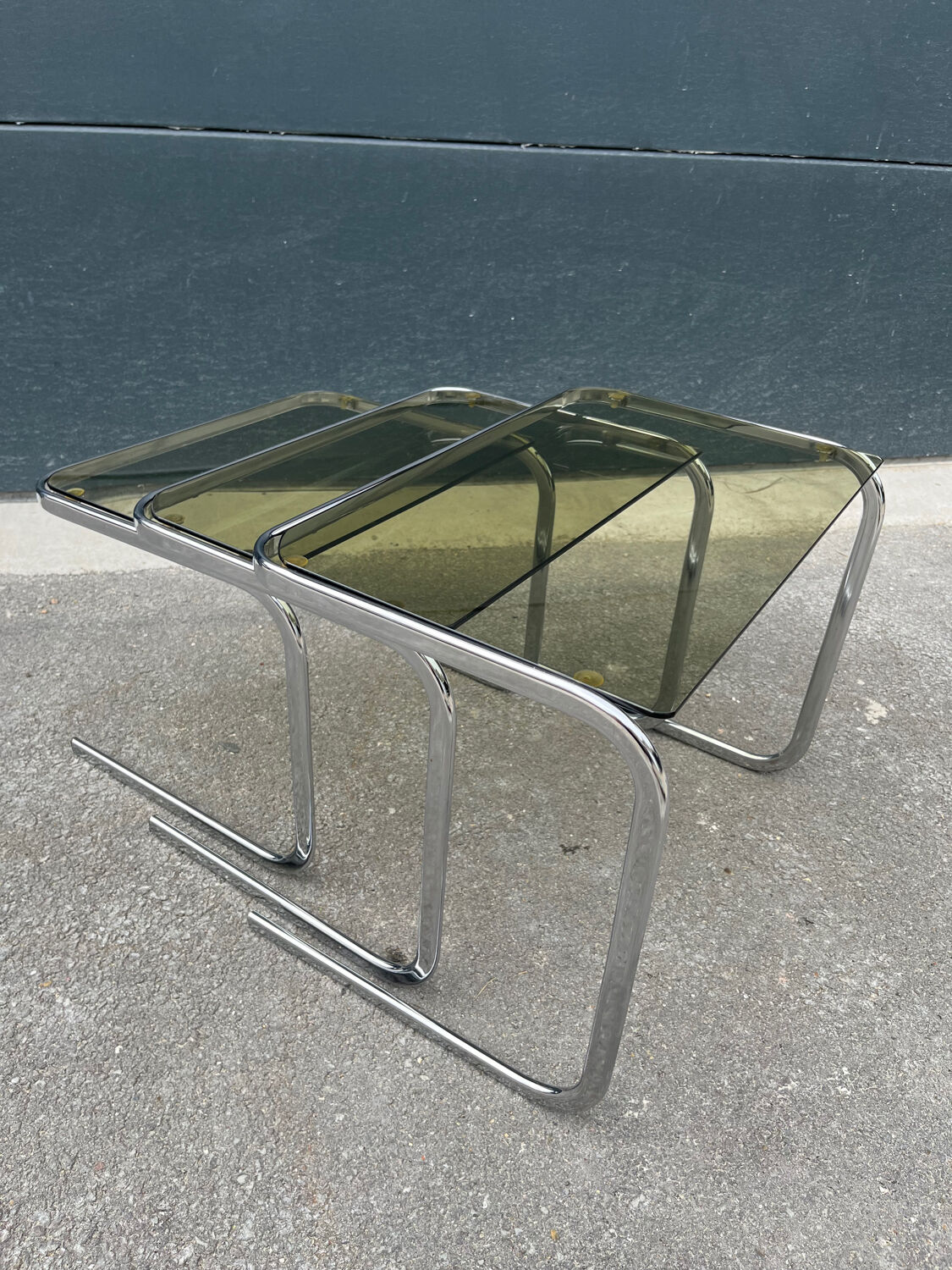 Series of 3 metal and glass nesting tables Space age
