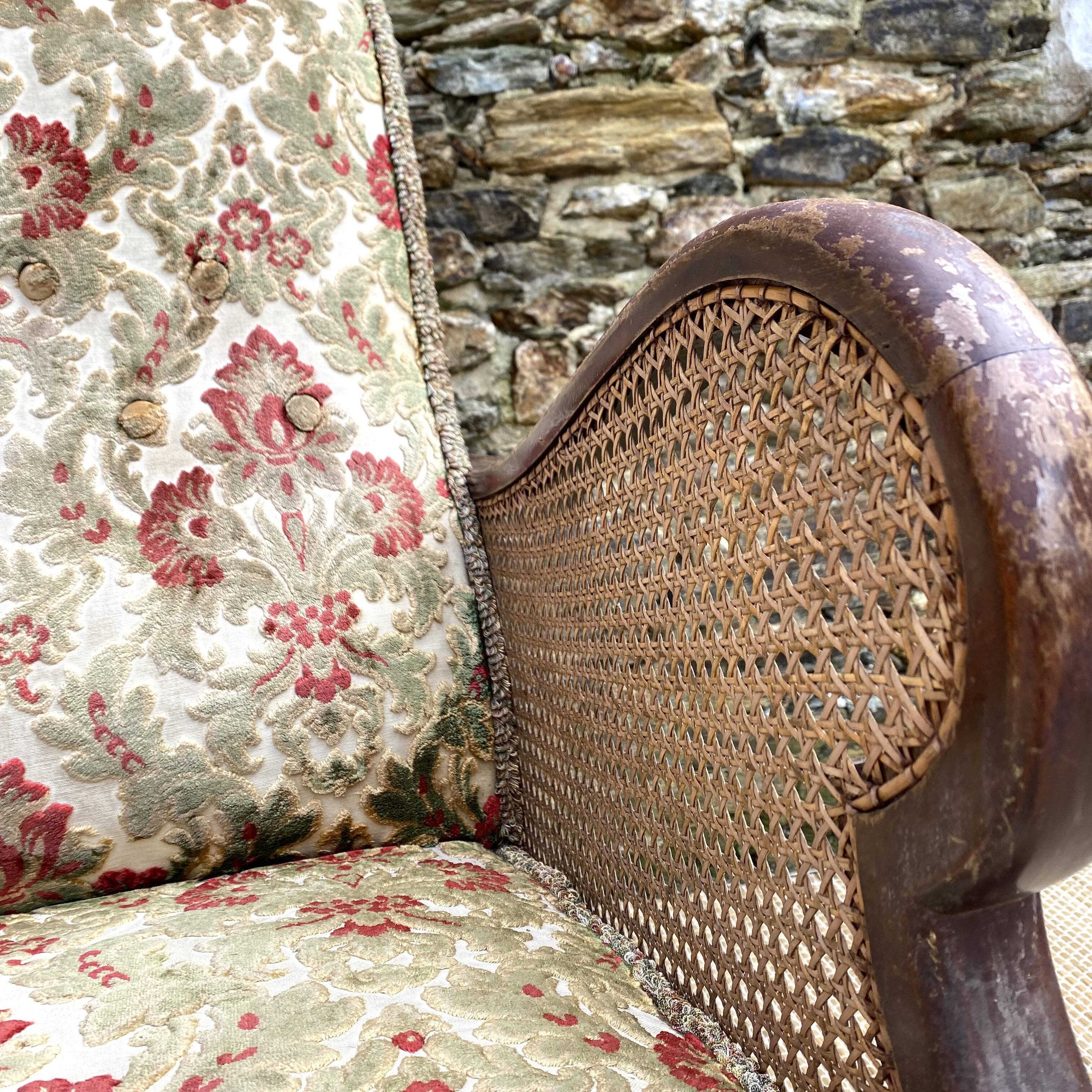 English cane and velvet armchair, Chippendale style