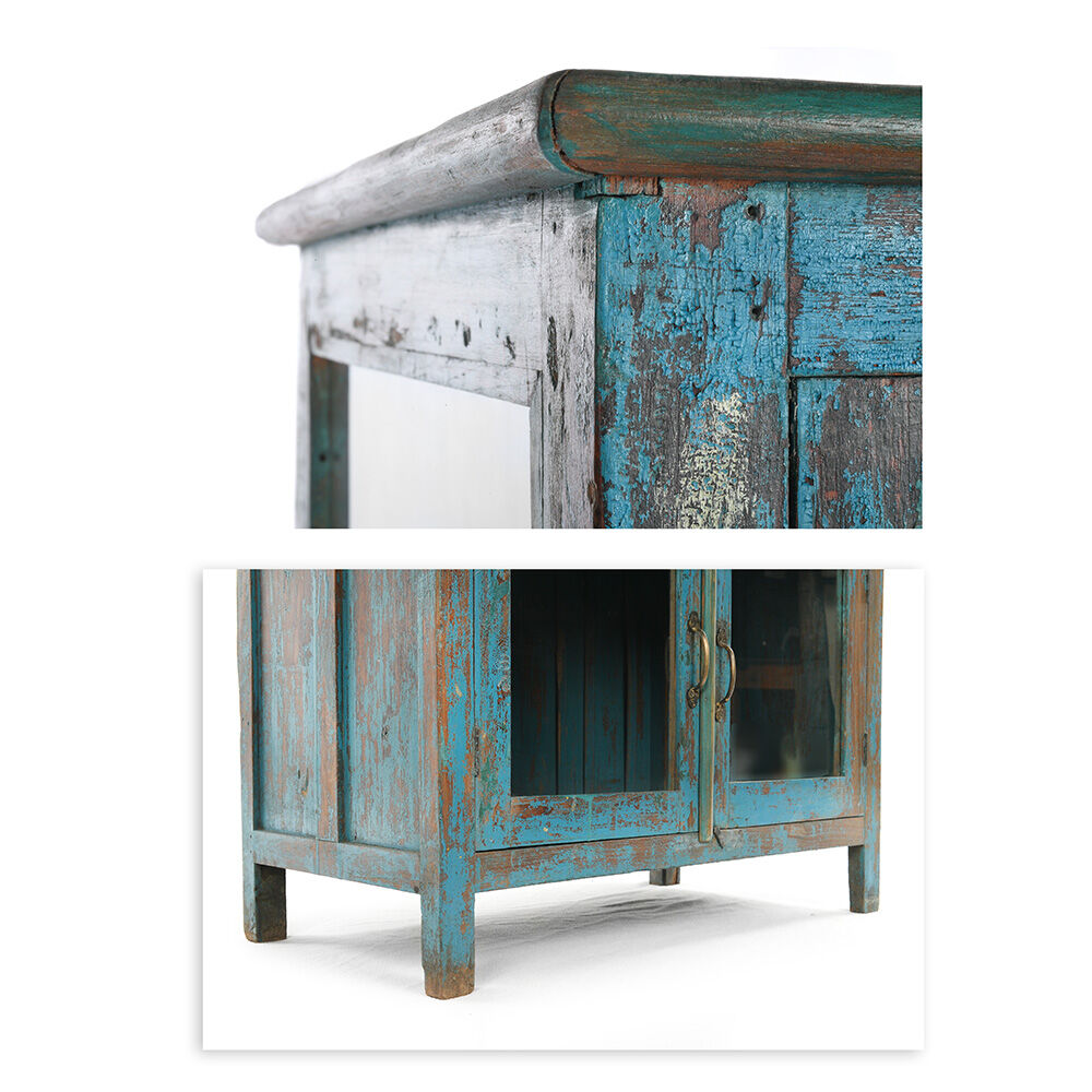 Wooden glass cabinet with blue patina