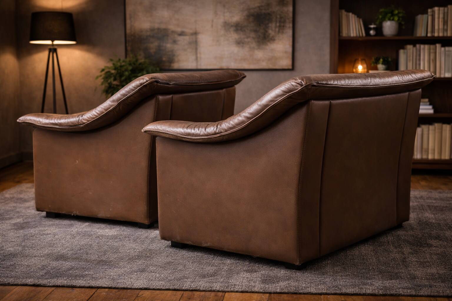 Vintage Pair of Brown Leather Lounge Armchairs — Second Half of the 20th