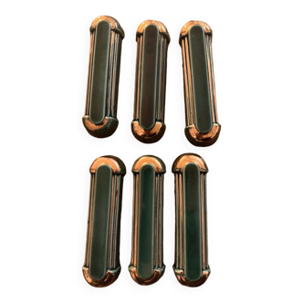 6 green and gold ceramic knife holders. Art Deco