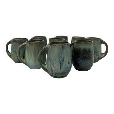 9 petites tasses/verres/mug/chopes à liqueur denbac en céramique/gré flammé • art déco • 1930