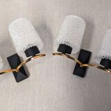 Pair of double wall lights in bubbled glass by Maison Arlus, France circa 1960.