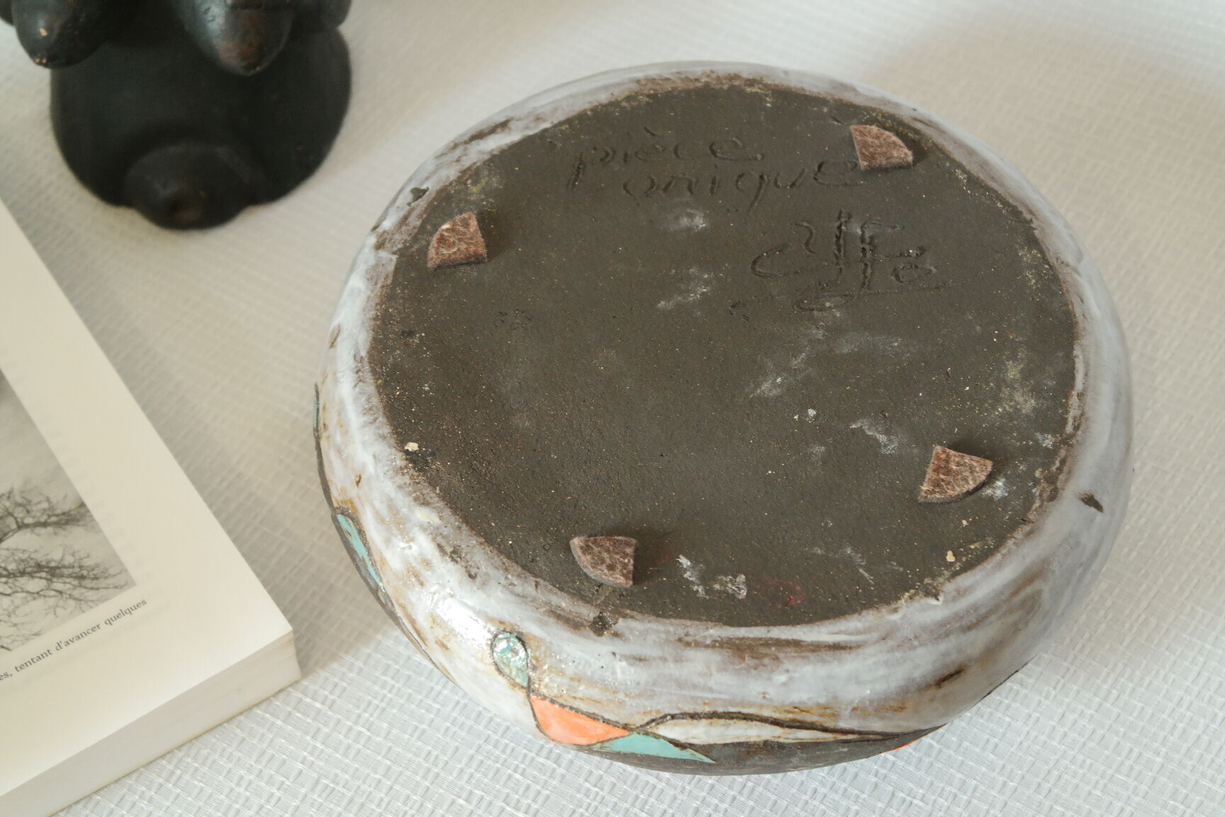 Modernist Raku bowl vase with glaze effect, signed.