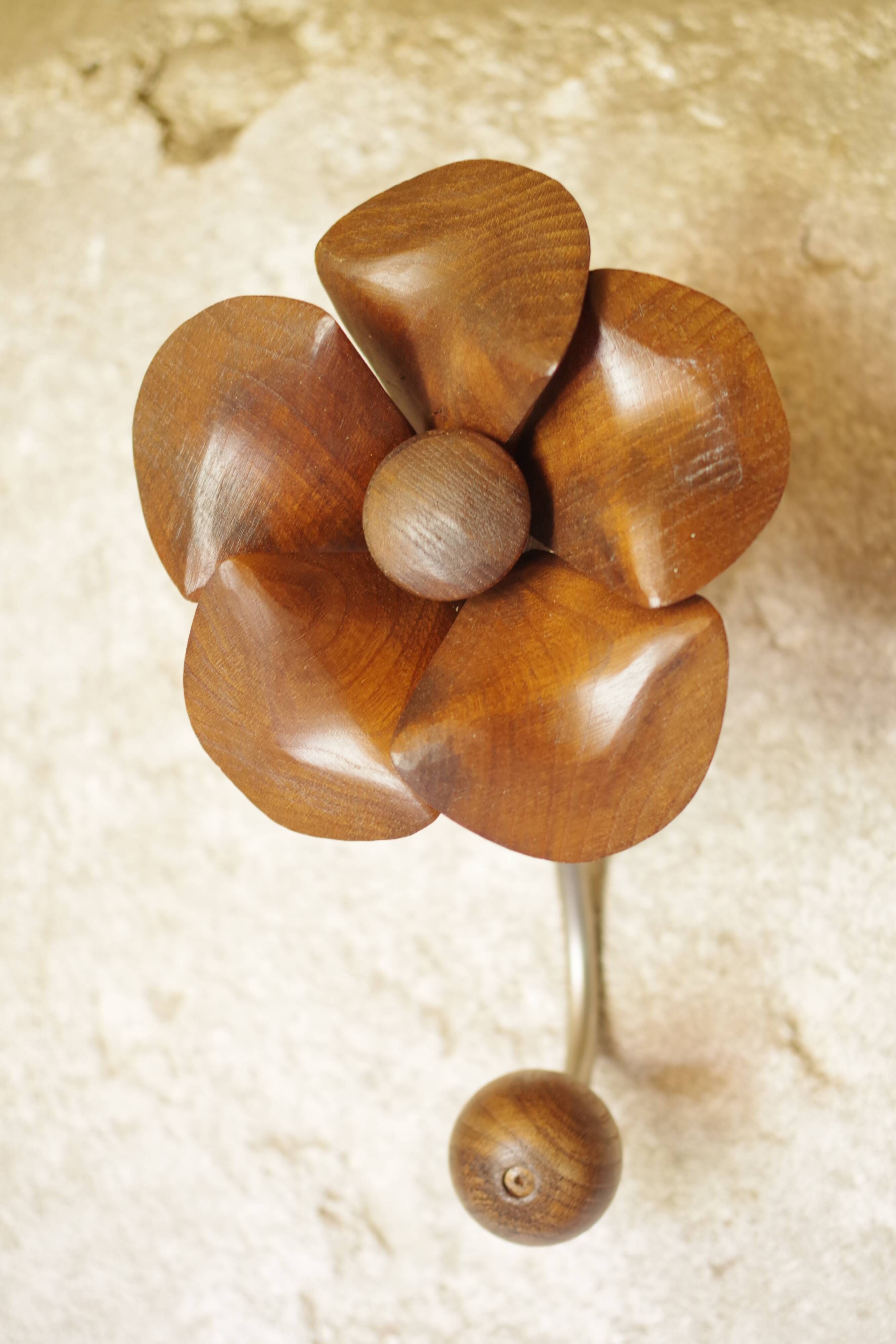 Vintage wood and metal years 70 s hooks in the shape of flowers