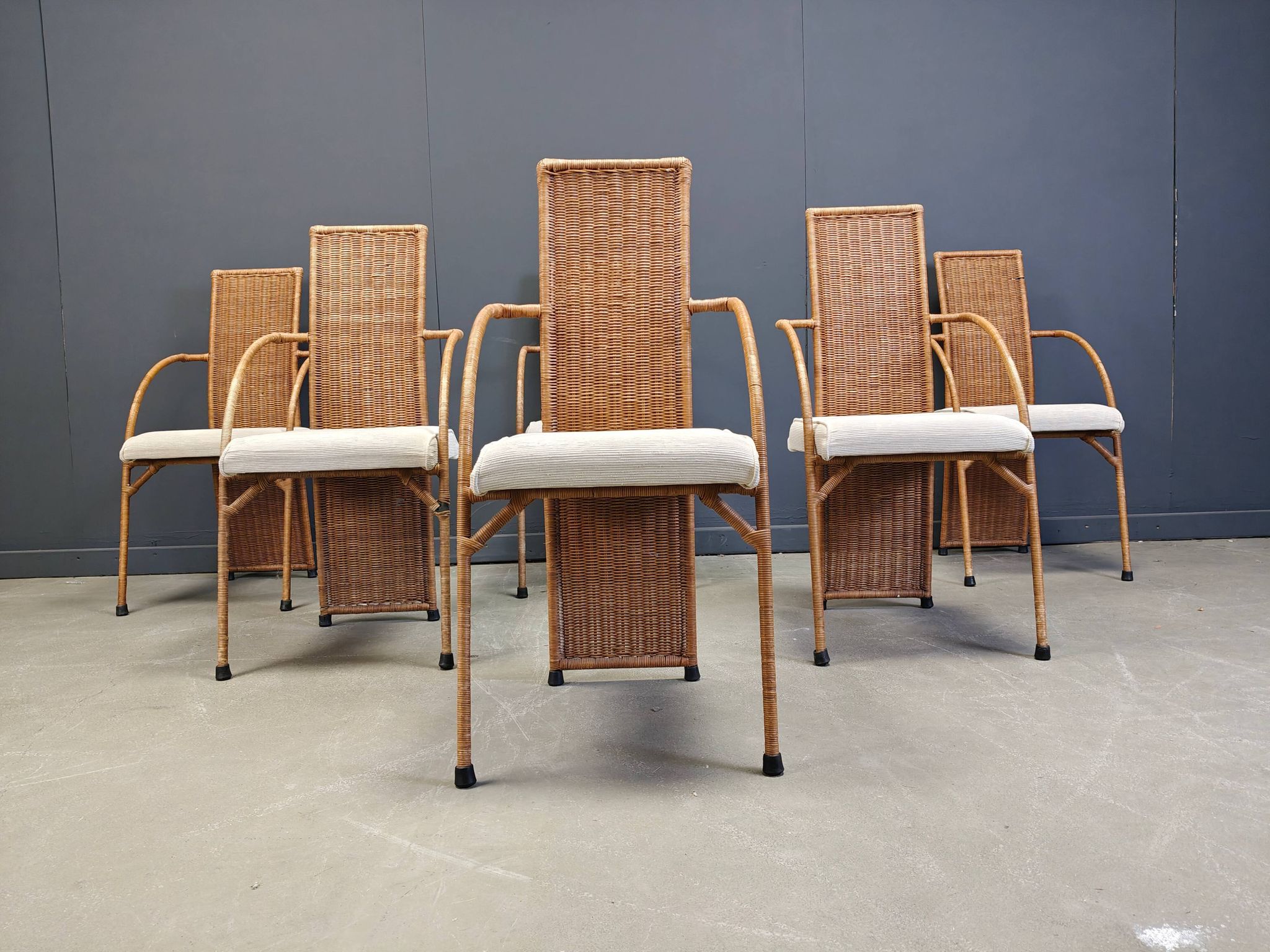 Vintage wicker dining chairs with high backs, 1980s - set of 6