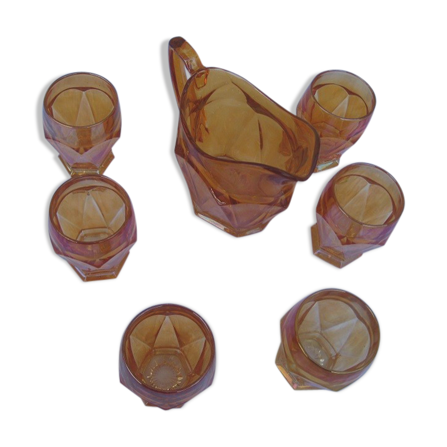 Old orange service pitcher & 6 glasses