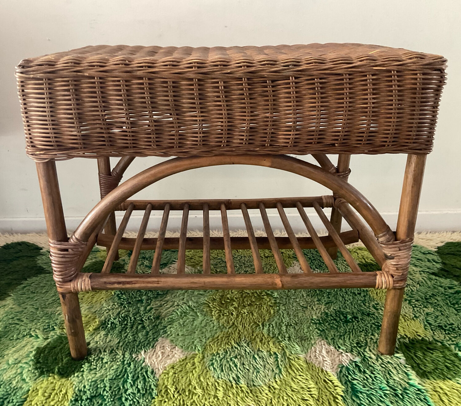 Vintage rattan and wicker bench from the 1970s