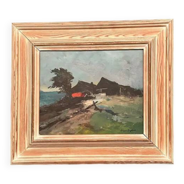 Original Swedish Oil on Panel – "Coastal Landscape with Cottage" by Arne Aspelin (1911-1990) – Vintage and Framed – 27 × 22 cm (10.6" × 8.7")
