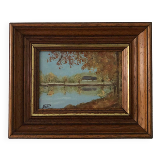 Small painting, wooden frame, View of the lake #2, signed, France