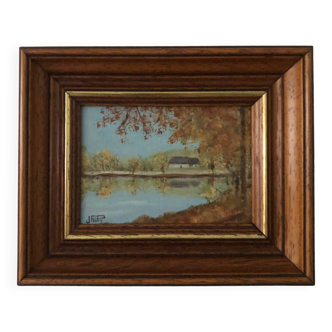 Petite peinture, cadre en bois, Vue sur le lac #2, signée, France