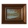 Small painting, wooden frame, View of the lake #2, signed, France