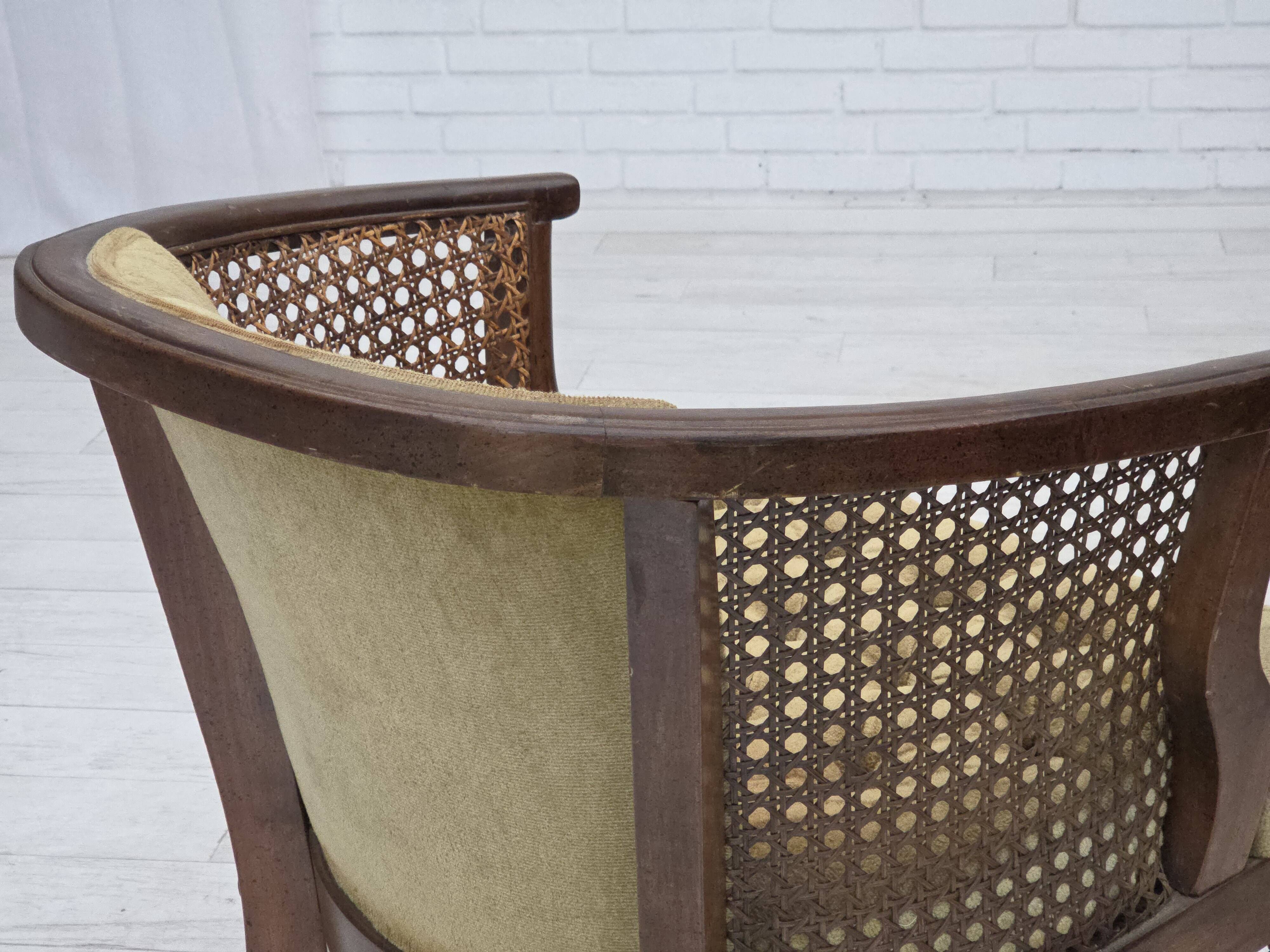1950s, Danish easy chair, furniture velour, furniture mesh, oak wood.