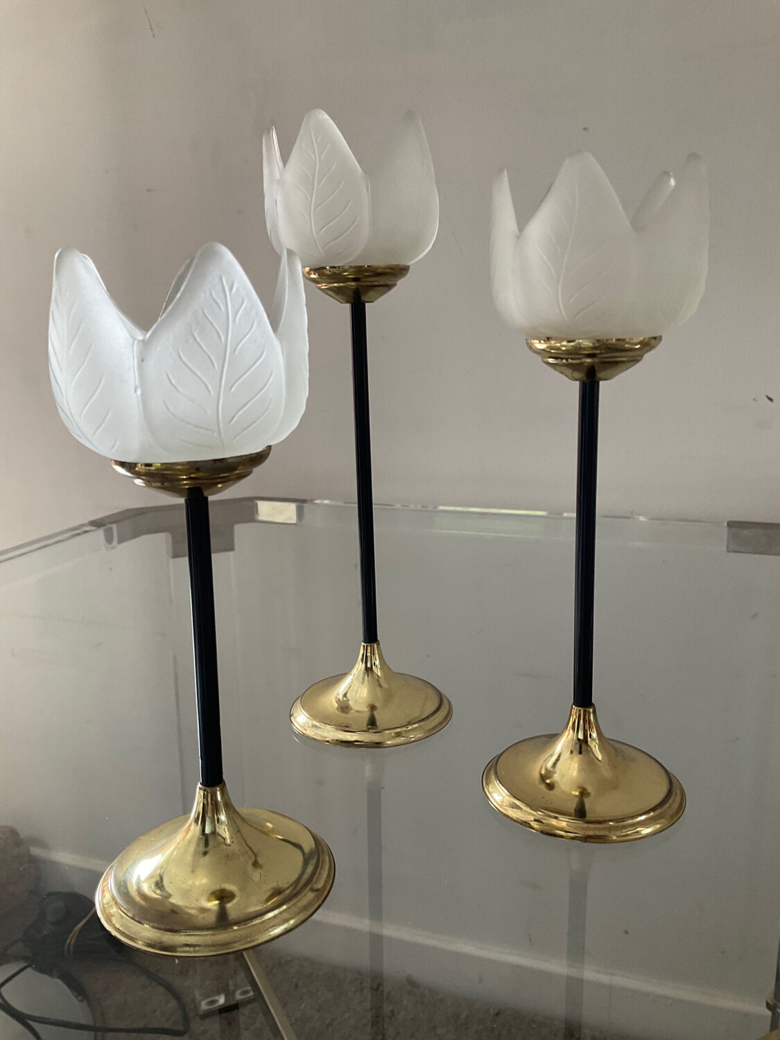 Trio of glass and metal candle holders