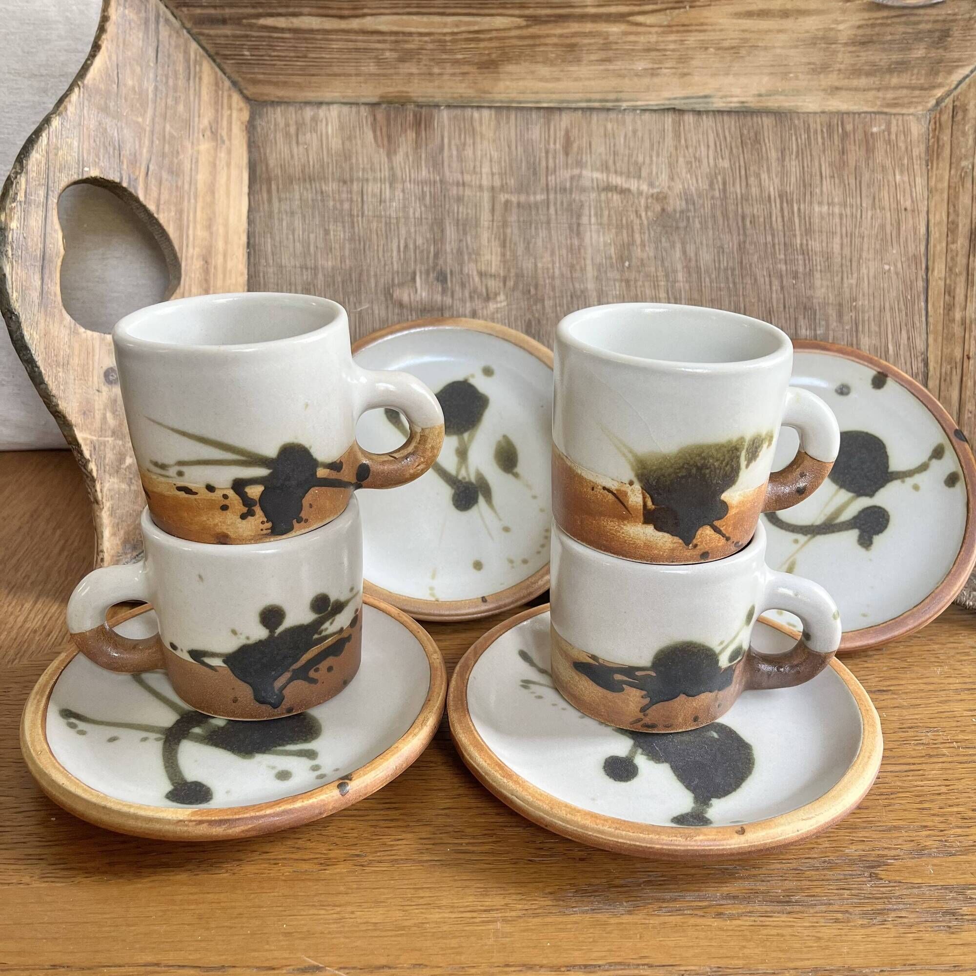 Coffee cups and plates Poterie de La Colombe tachist stoneware 50/60