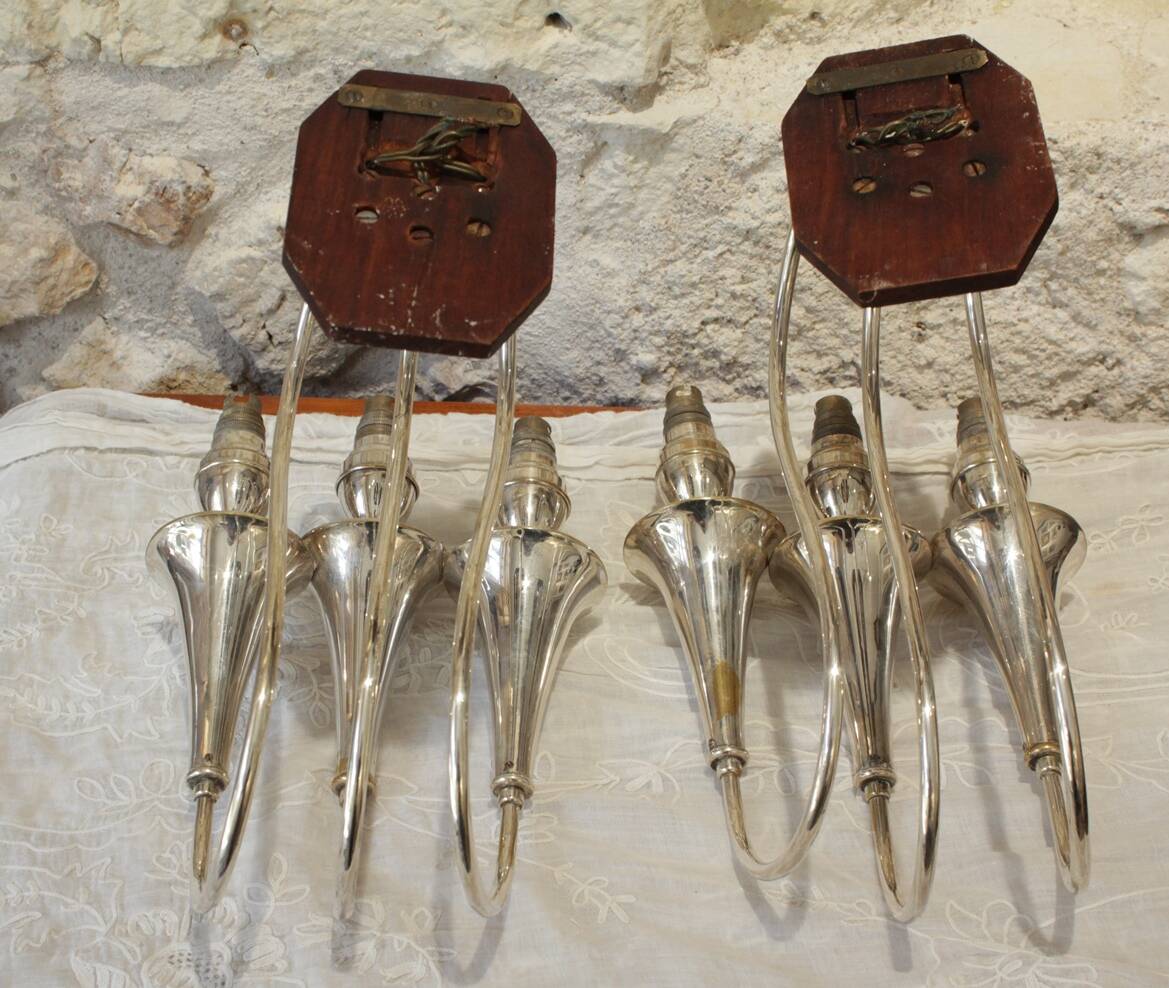 Pair of 3-arm wall lights in silver metal, 1940-1950
