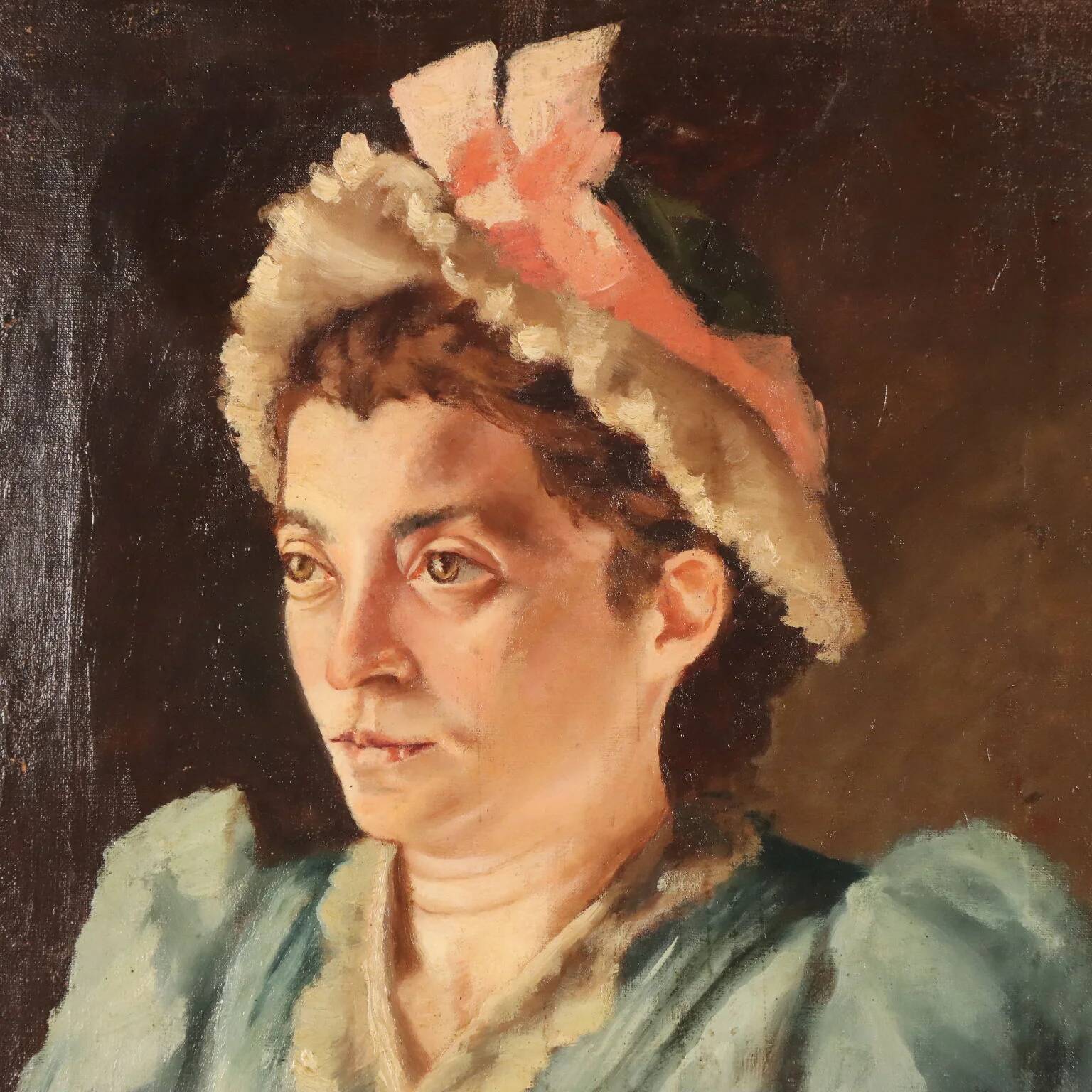 Old painting, female portrait, oil on canvas, Italy, 1892