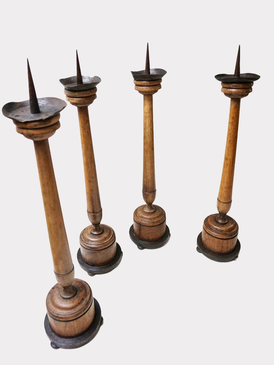Large Antique French Wooden Candlesticks, 19th Century, Set of 4
