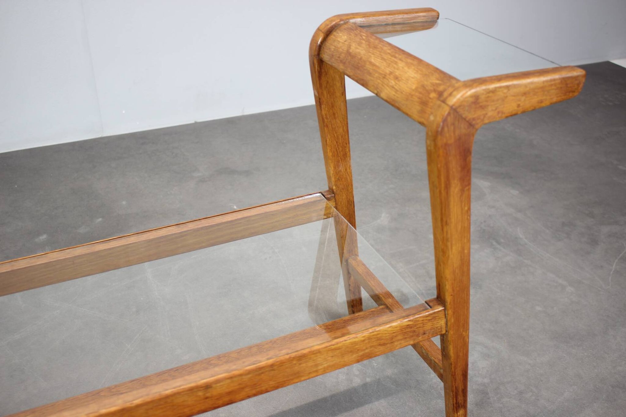 ULUV Mid-century wooden plant stand with glass shelf, Czechoslovakia, 1960s