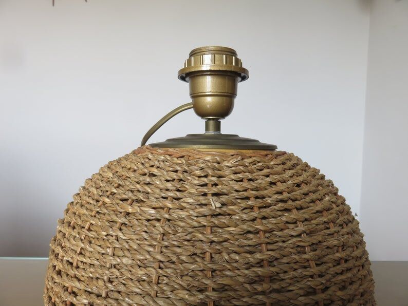 Ball lamp in rope, rattan, ceramic and brass 70s