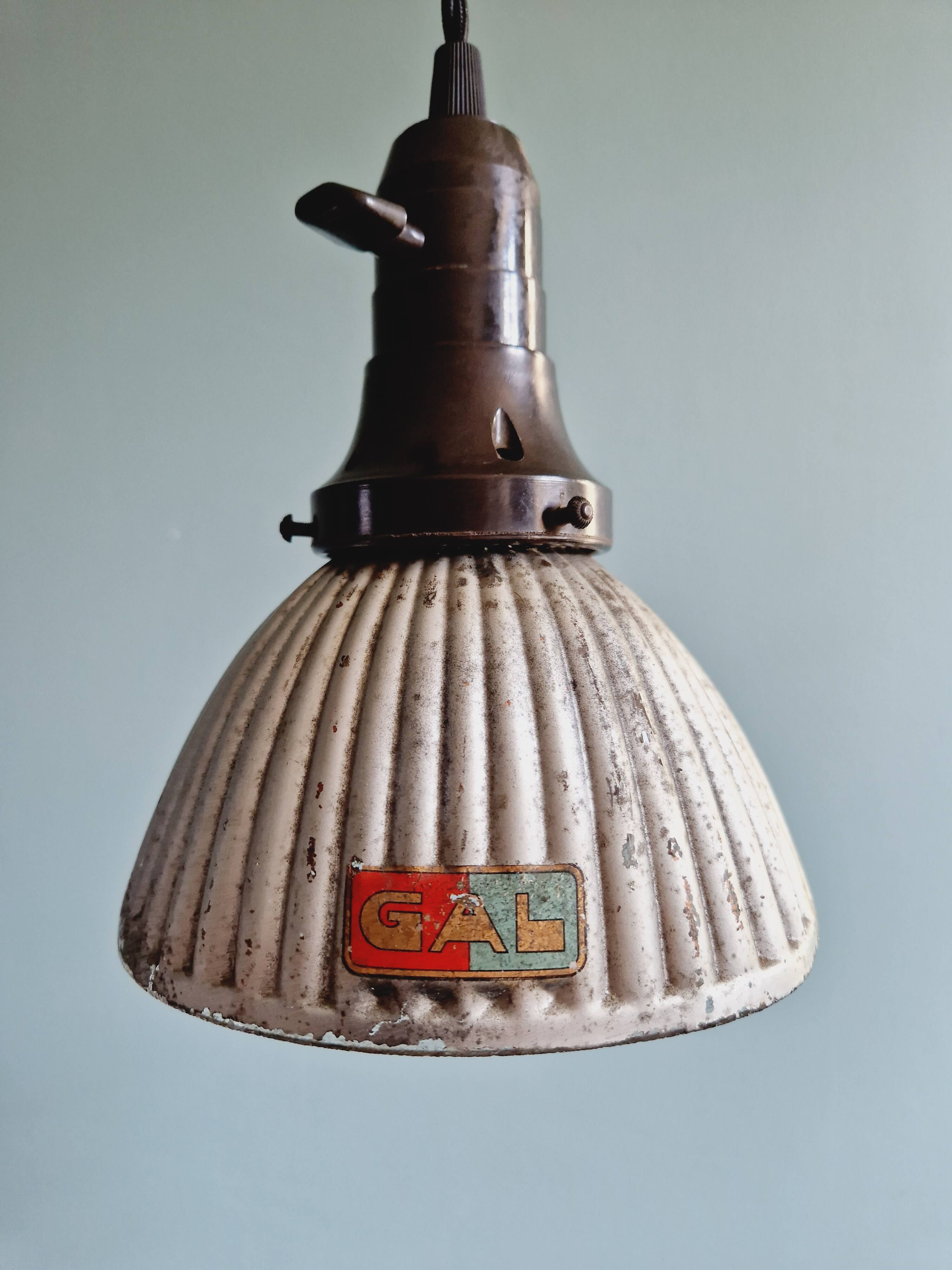 Set of 3 industrial mercury glass pendant lights, GAL (France), 1930s