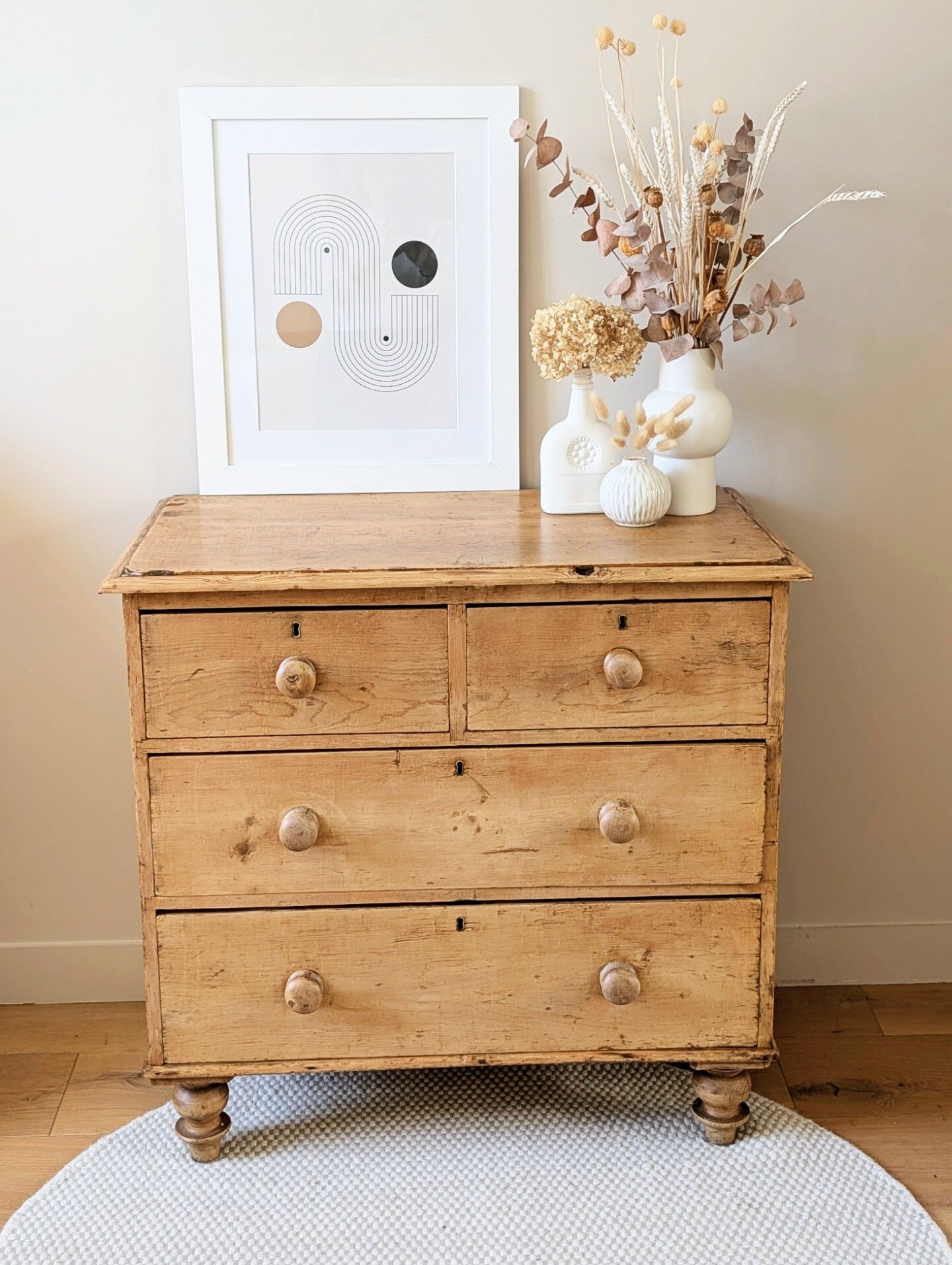 Renovated antique English solid pine chest of drawers.