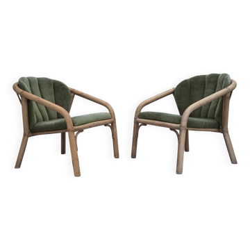 1970s, pair of Scandinavian lounge chairs, furniture velour and rattan