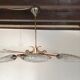 Golden chandelier fish pattern in brass 4 branches with tulips chiseled in glass 1950