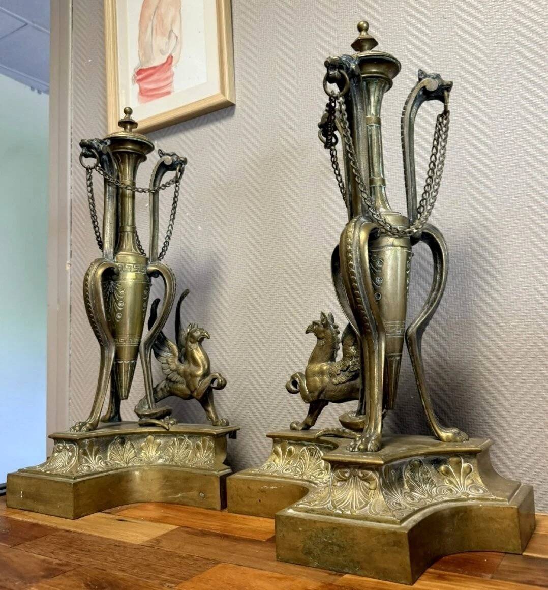 Pair of very large castle andirons in gilded bronze from the Napoleon III period
