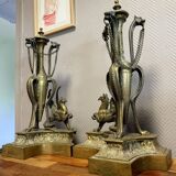 Pair of very large castle andirons in gilded bronze from the Napoleon III period