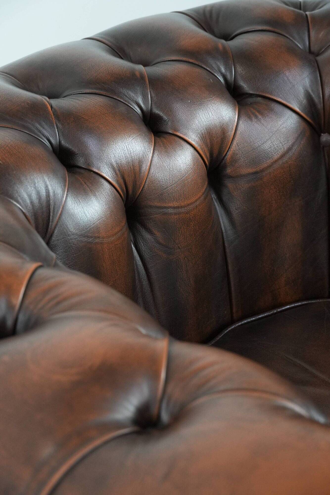 Brown Chesterfield armchair made of cowhide leather in English style