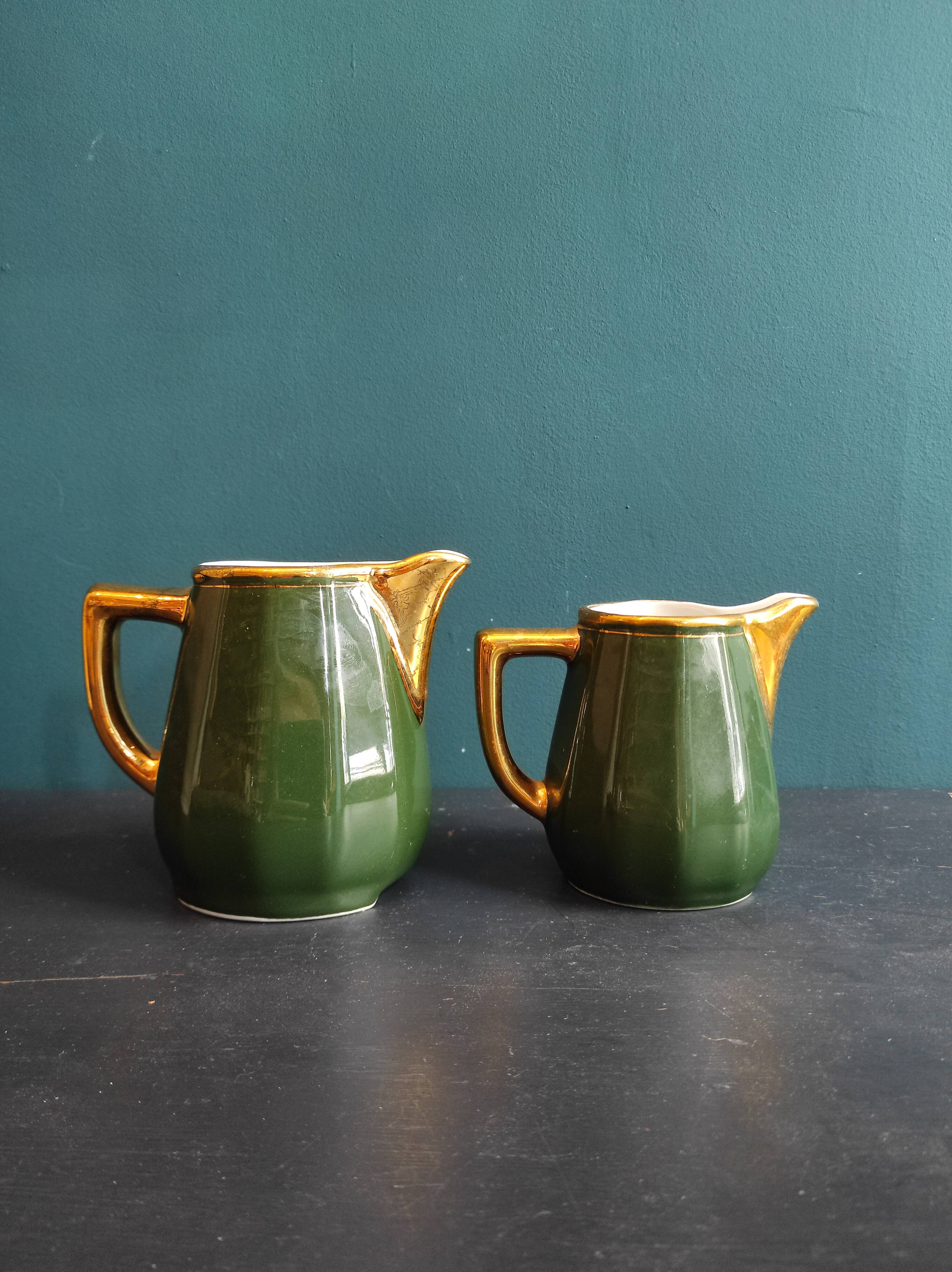 Set of two vintage French milk jugs in green and gold, Manuguet, Tarbes Lourdes