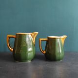 Set of two vintage French milk jugs in green and gold, Manuguet, Tarbes Lourdes
