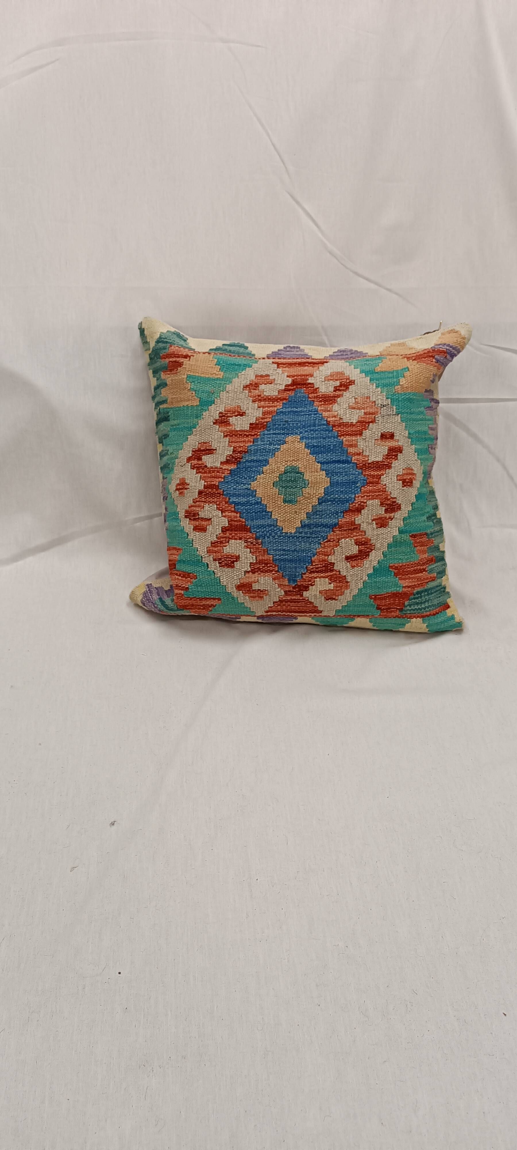 Turquoise Blue Geometric Cushion Cover, Vintage Wool Kilim Pillow Home Decor