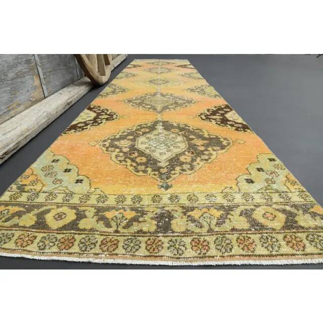 1970s Vintage Turkish Hand-Knotted Wool Cotton Orange Runner Rug 92x390