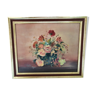 Oil on panel flowers and grapes framed and signed