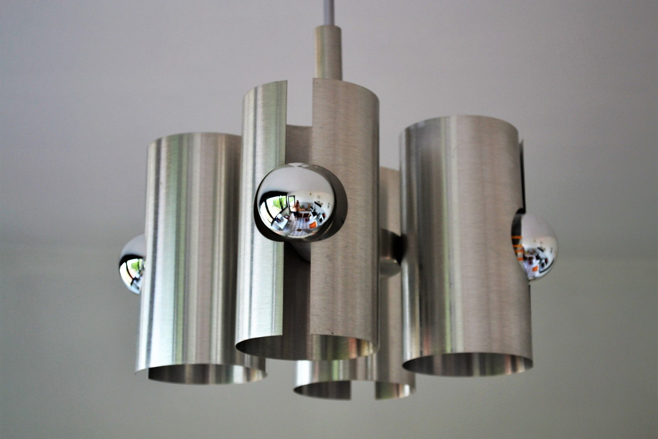 Hanging lamp 4 brushed metal lights space age 70s