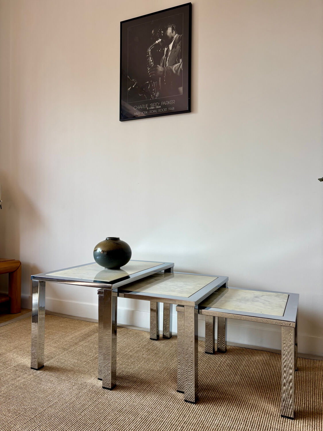 3 nesting tables, chrome & marble - 1978
