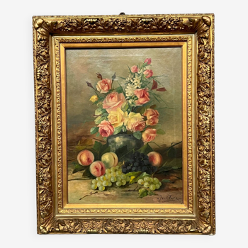 J. Claes (1874-1956). Nature morte aux roses et aux fruits.
