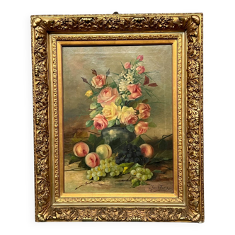 J. Claes (1874-1956). Nature morte aux roses et aux fruits.