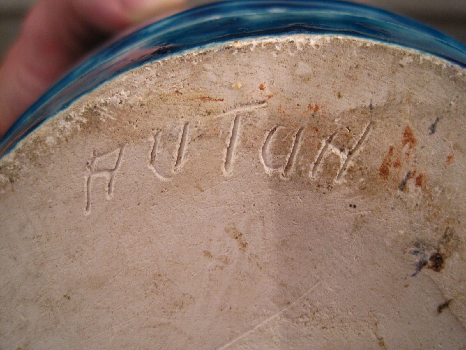 Vase signed blue modernist ceramic bottle bouhey 1973