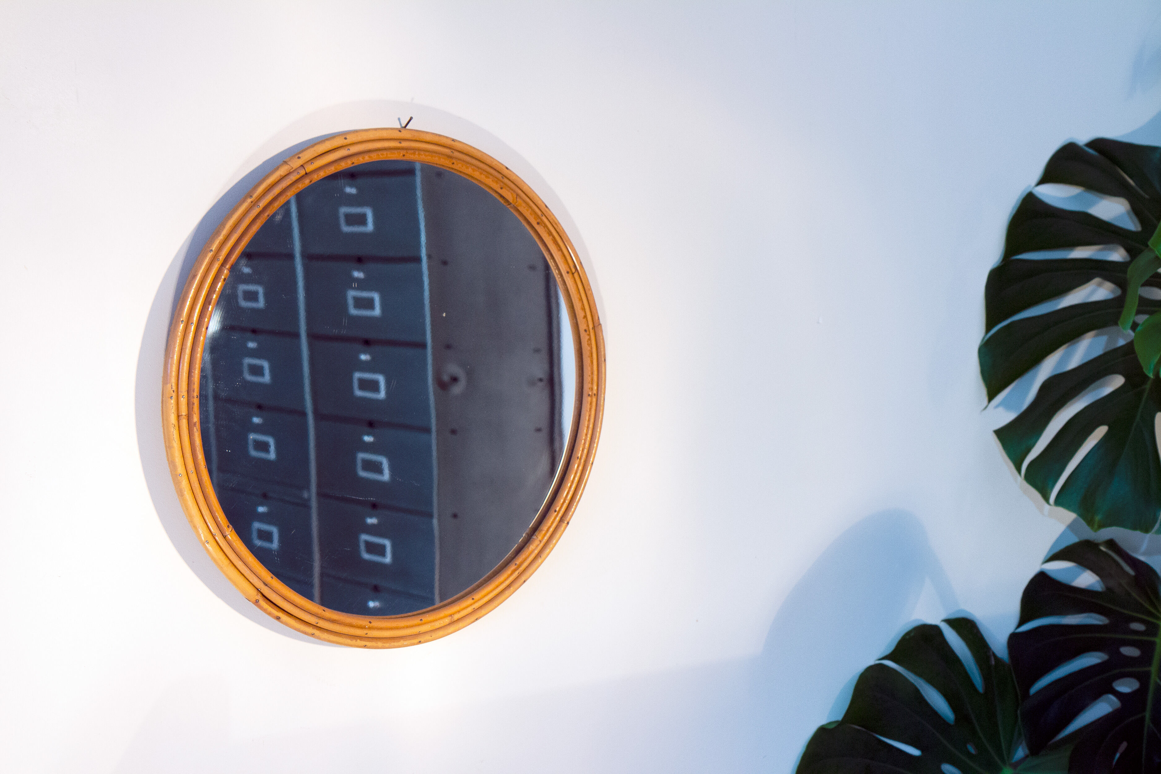 1970 mirror, rattan frame