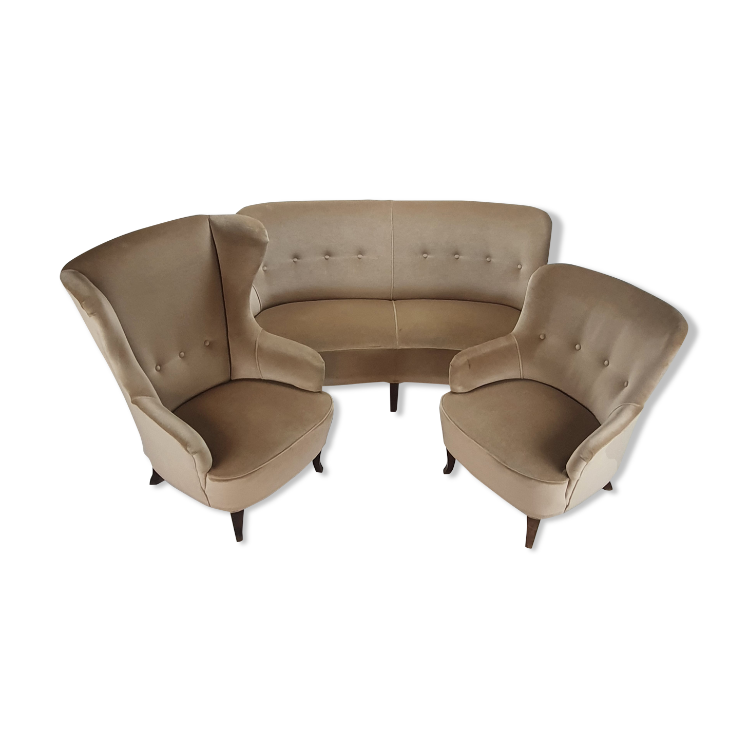 Set of 3 mid century design chairs and sofa, velours, 1950s