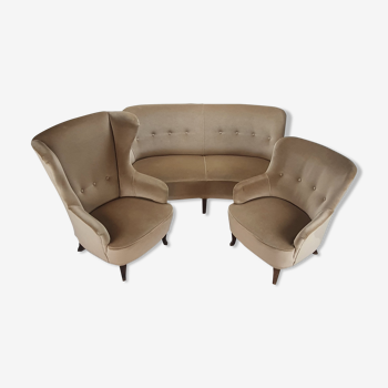 Ensemble de 2 fauteuils et canapé design du milieu du siècle, velours, années 1950