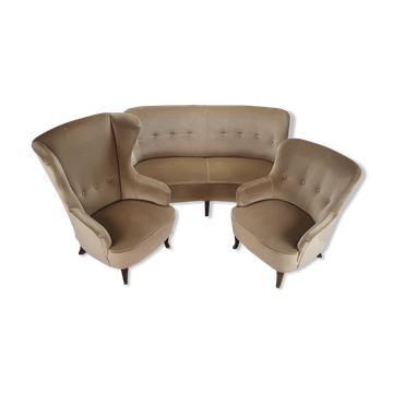 Set of 3 mid century design chairs and sofa, velours, 1950s