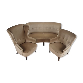 Ensemble de 2 fauteuils et canapé design du milieu du siècle, velours, années 1950
