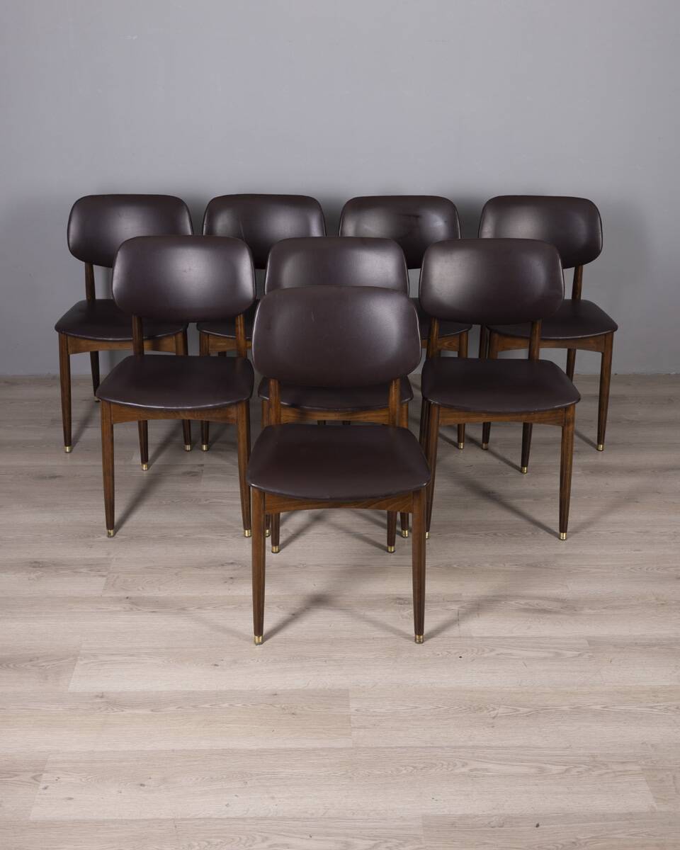 Set of 8 vintage 1960s wood and leather chairs designed by anonima castelli