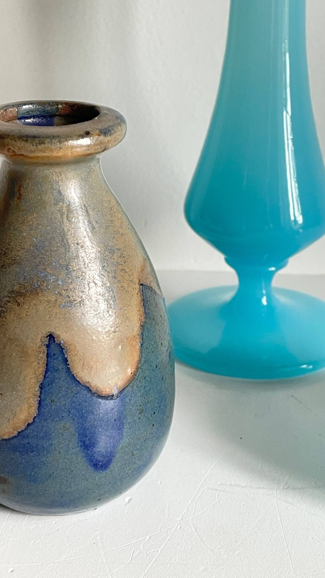 3 VASES Bleu Océan Grès et Verre OPALIN Vintage